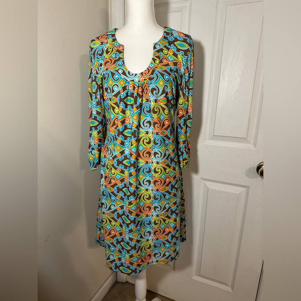 Jude Connally Turquoise, Lime, Orange & Brown Swirl Midi Dress